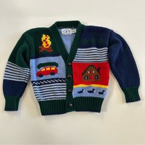 Kitestrings Boys Size 4 Vintage Yarn Knit Boy Scout Wood Button Down Cardigan